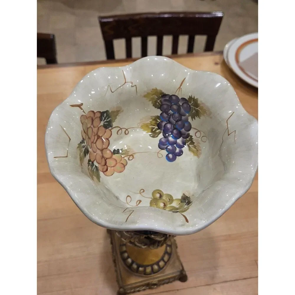 Vintage Tuscan Style Grape Pattern Ceramic Pedestal Compote Bowl Centerpiece